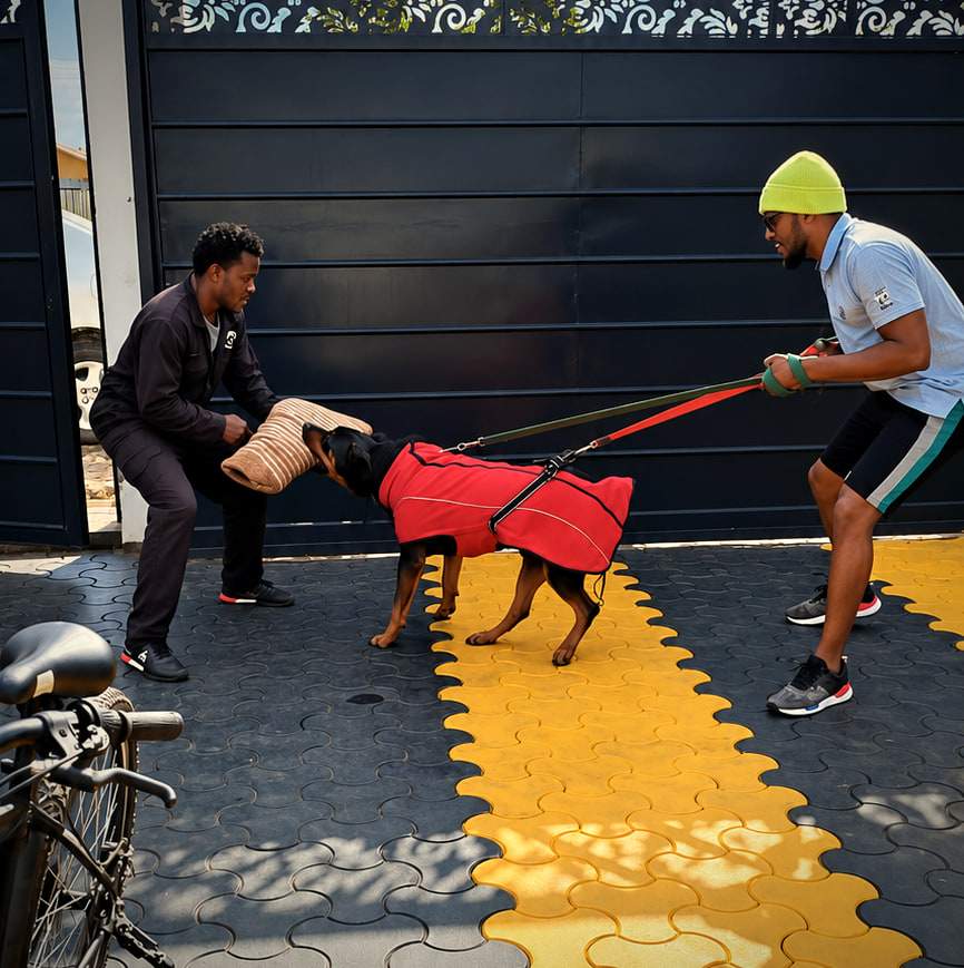 A Rottweiler grips a padded sleeve held by a decoy at a black gate